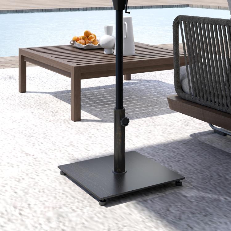 Bronze square patio umbrella base with center pole holder and adjustable leveling pads