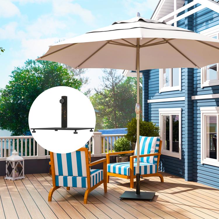 Square patio umbrella base holding a vertical pole, with four corner feet