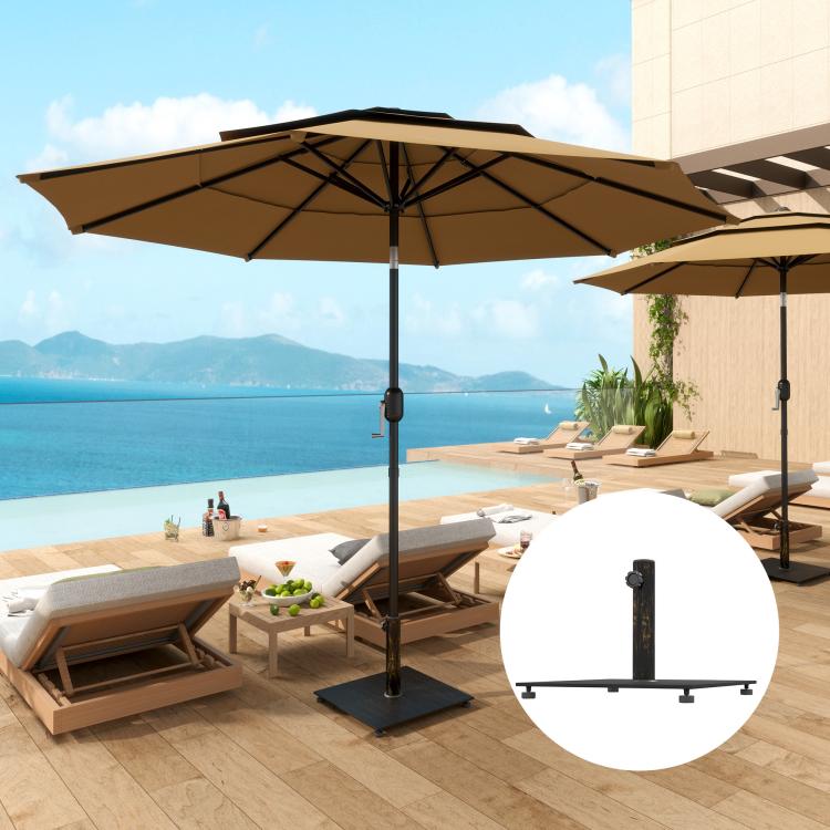 Square metal umbrella base with bronze pole holder and low-profile feet