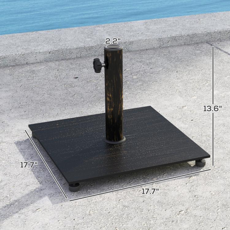 Square metal umbrella stand base with pole insert and four rubber feet