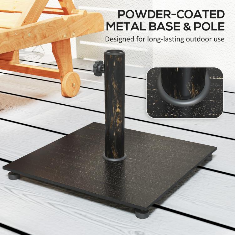 Powder-coated square metal umbrella base with bronze pole insert and corner feet