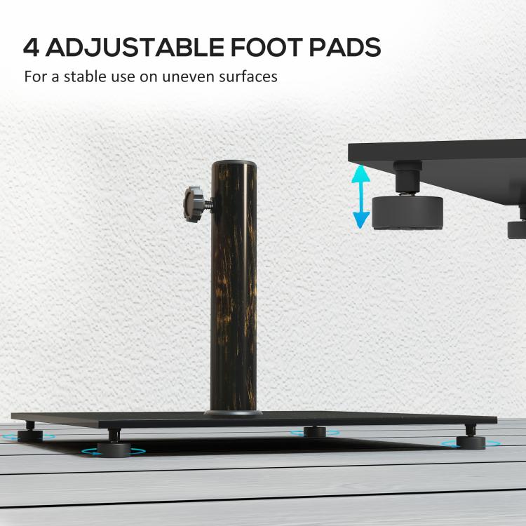 Square metal umbrella base showing adjustable foot pads for uneven surfaces