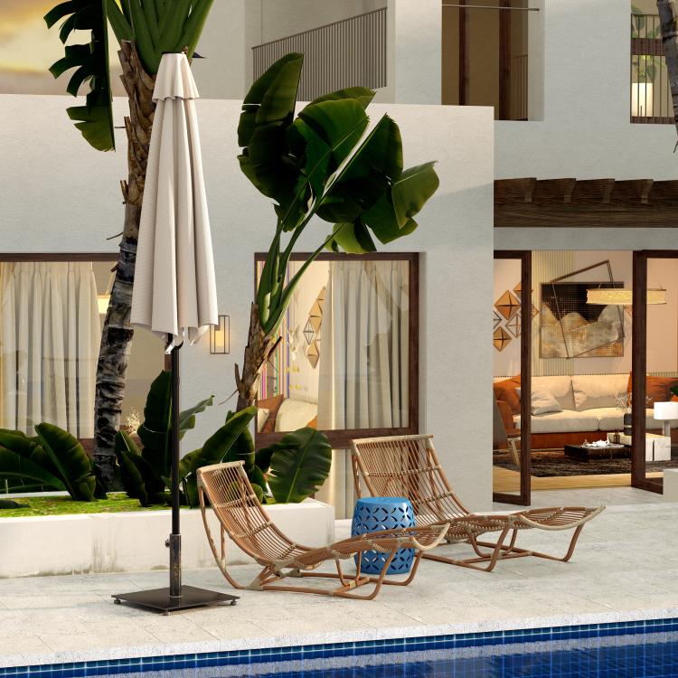 Square patio umbrella base with vertical bronze pole and four low feet