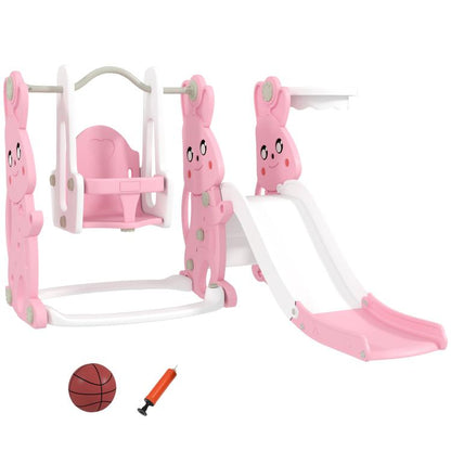 Pink toddler slide and swing set with rabbit character cutouts and basketball accessories
