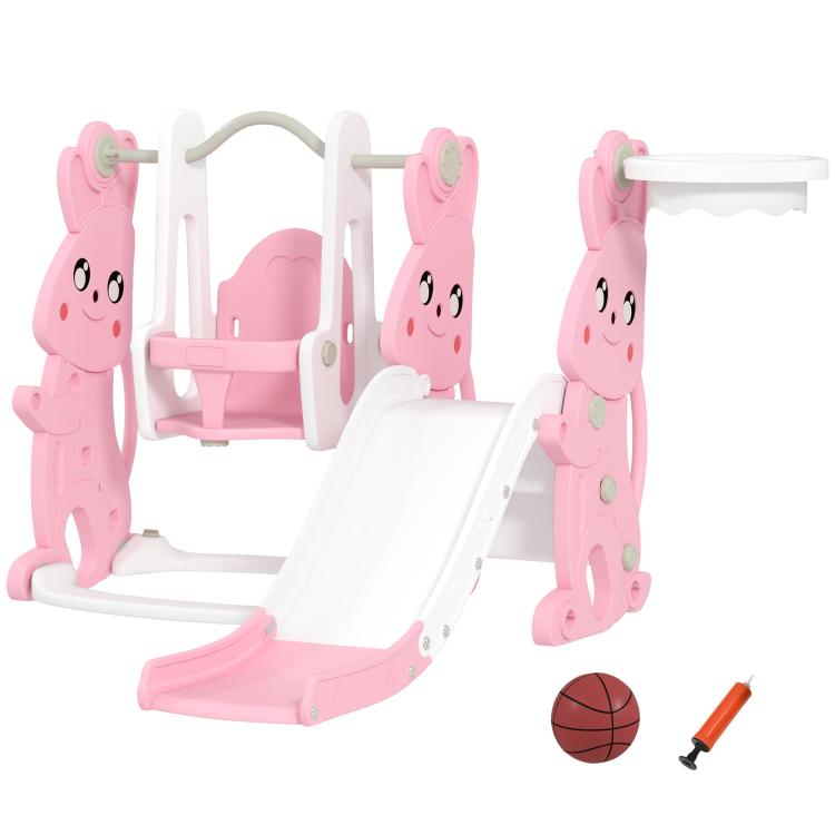 Pink rabbit-themed indoor playset with swing seat, slide ramp, and basketball ball