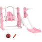 Pink rabbit-themed toddler slide and swing playset with climber, basketball and accessories