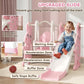 Pink rabbit slide and swing set with toddler on the slide and safety zones