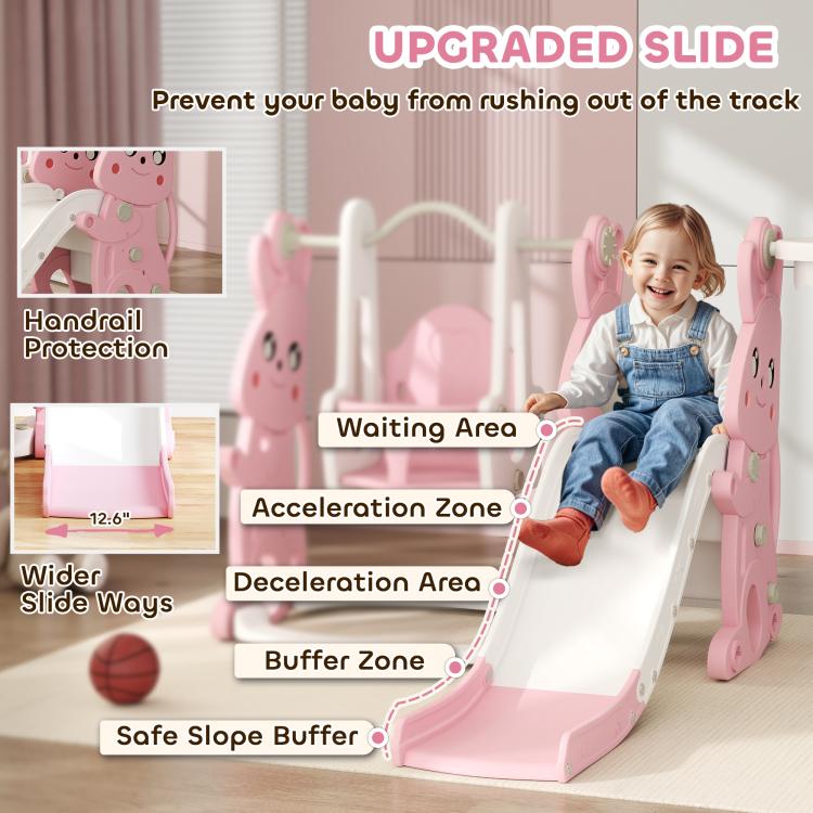 Pink rabbit slide and swing set with toddler on the slide and safety zones