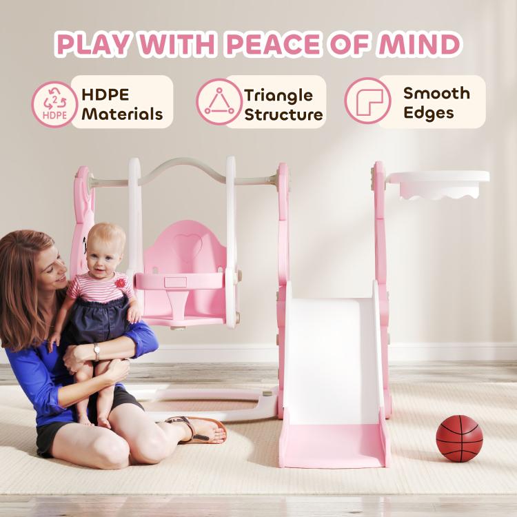 Pink rabbit slide and swing set with toddler and smooth edges and HDPE material icons