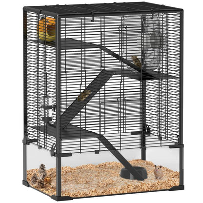 4-tier hamster cage with dark wire frame, ramps, and deep glass bottom tray