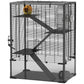 4-tier hamster cage with dark wire sides, wheel, ramps, and deep glass bottom tray