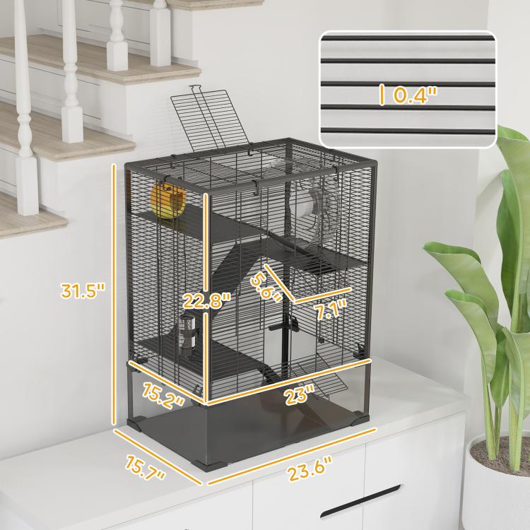 Hamster cage enclosure with wheel, ramps, platforms, and deep glass bottom tray