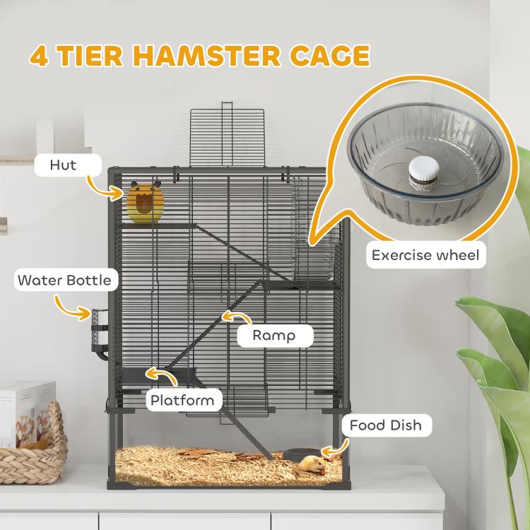 4-tier hamster cage with hut, ramp, platforms, wheel, water bottle, and food dish