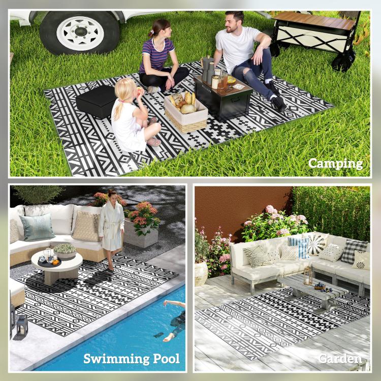 Black-and-white geometric outdoor rug used for camping and pool seating