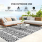Black-and-white geometric outdoor rug under outdoor sofa seating