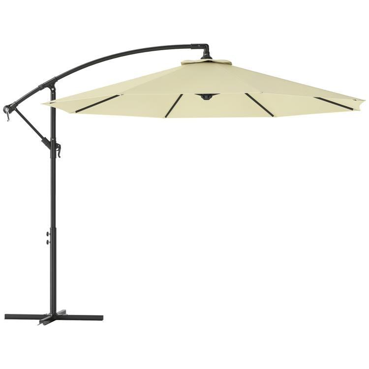 Beige cantilever patio umbrella canopy with black curved pole and tilt arm.