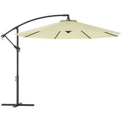 Beige cantilever patio umbrella canopy with black curved pole and tilt arm.