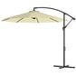 Beige offset patio umbrella with black frame, open canopy, and cross base.