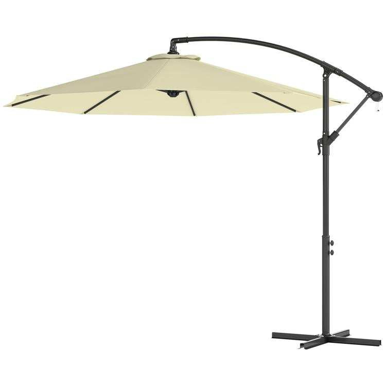 Beige offset patio umbrella with black frame, open canopy, and cross base.