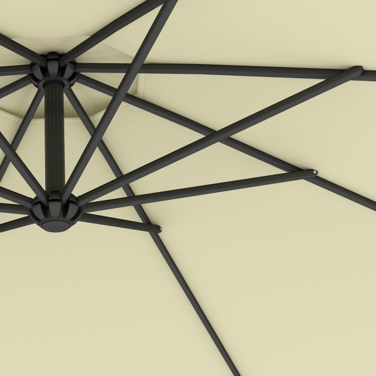Beige patio cantilever umbrella canopy with black ribs and cross support frame