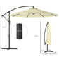 Beige cantilever patio umbrella with dimensions, black pole, and open canopy.