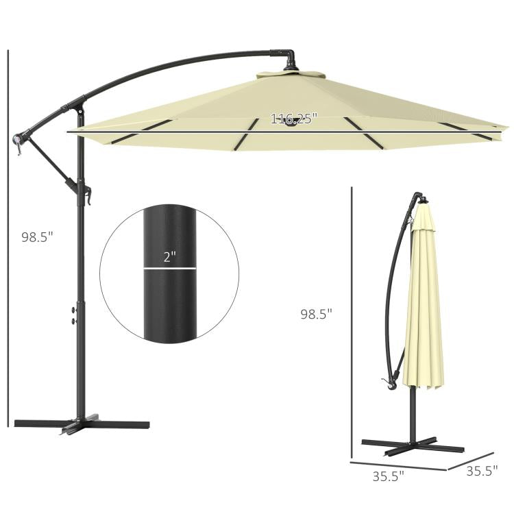 Beige cantilever patio umbrella with dimensions, black pole, and open canopy.