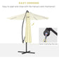 Beige cantilever umbrella with hand-crank mechanism and hanging cover.