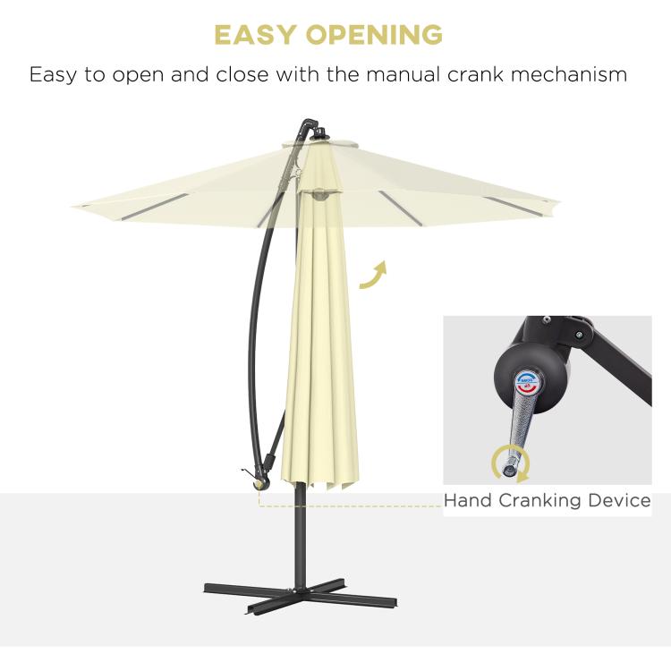 Beige cantilever umbrella with hand-crank mechanism and hanging cover.