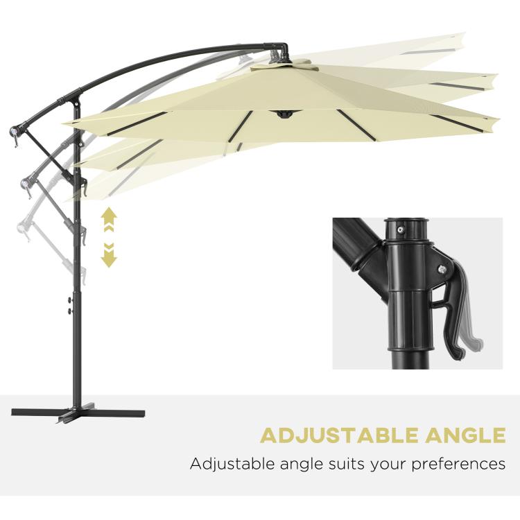 Beige offset patio umbrella with adjustable angle arm and black crank support.