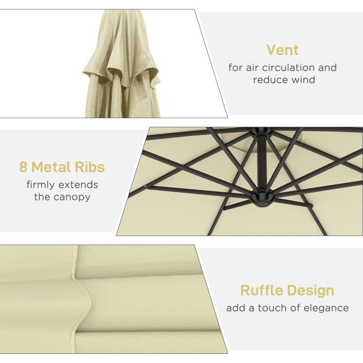 Beige umbrella canopy underside with ribbed metal frame and vented design.