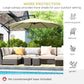 Beige cantilever umbrella providing shade above a poolside patio.