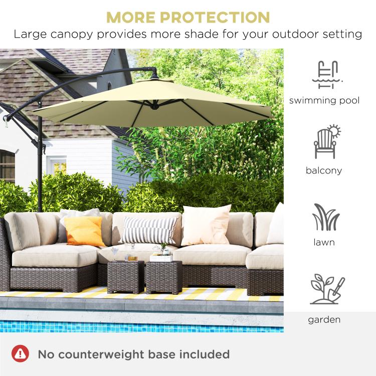 Beige cantilever umbrella providing shade above a poolside patio.