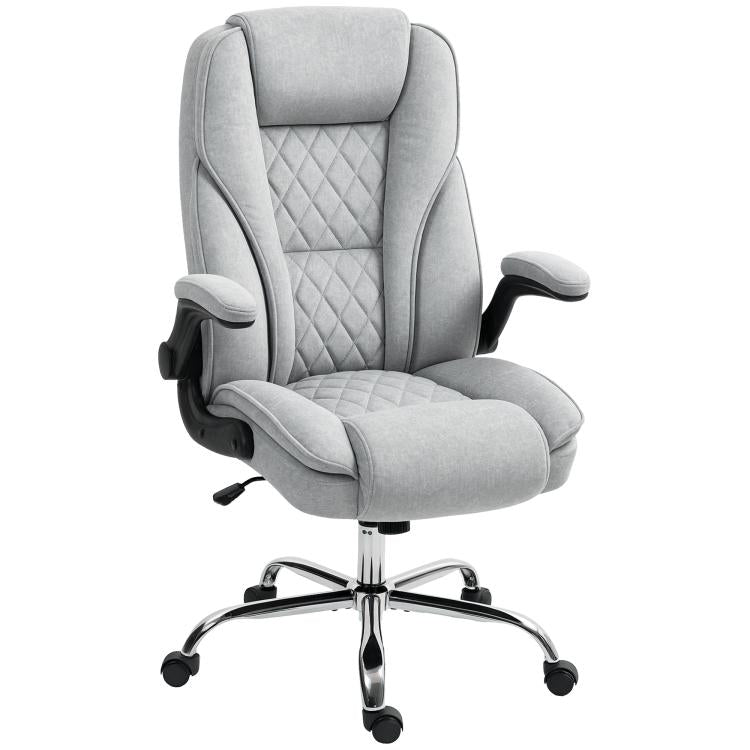 Gray fabric executive office chair with diamond-quilted back and cushioned seat