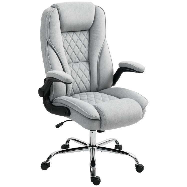 Gray fabric desk chair with flip-up armrest, diamond quilt back, and curved seat