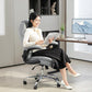 Gray office chair with quilted back, flip-up armrests, and chrome five-wheel base