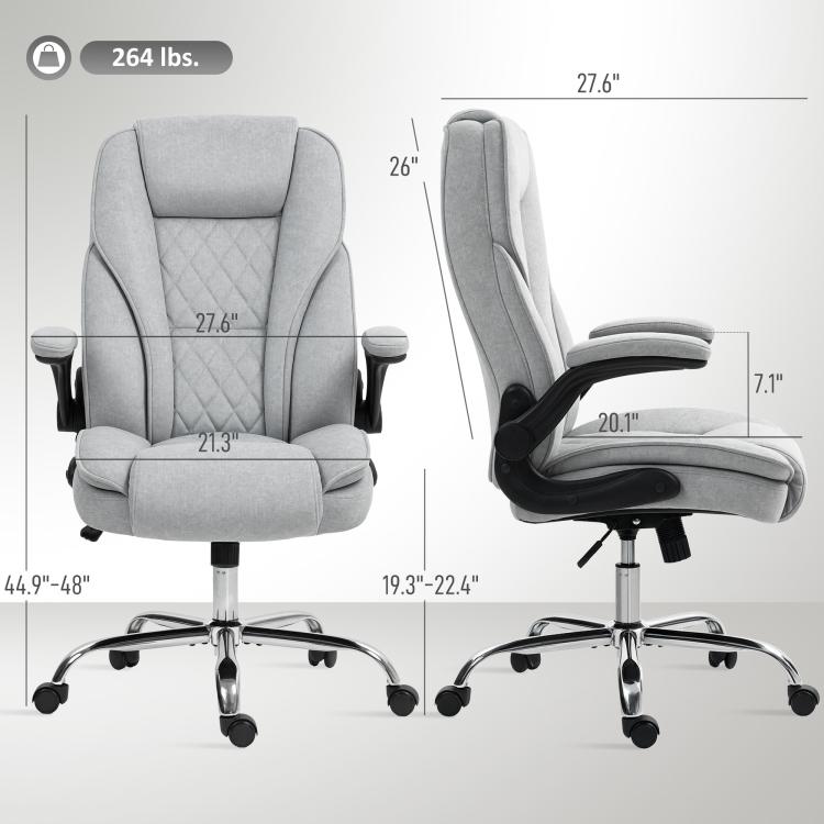 Gray office chair with quilted back, flip-up armrests, and chrome base with wheels