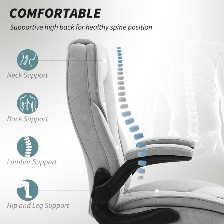 Gray chair showing high back and lumbar support with padded flip-up armrest