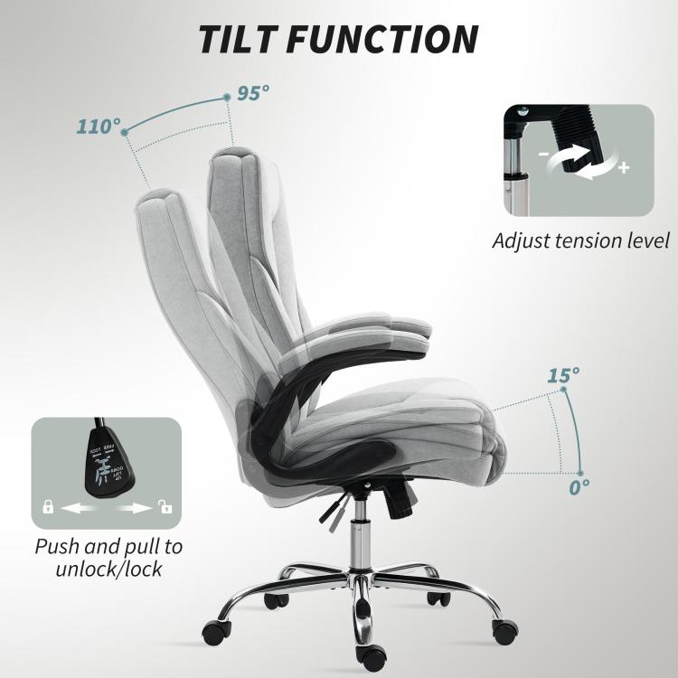 Gray office chair tilt mechanism with adjustable tension and flip-up armrest