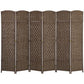 Brown 6-panel folding privacy screen divider with lattice woven design and hinged panels