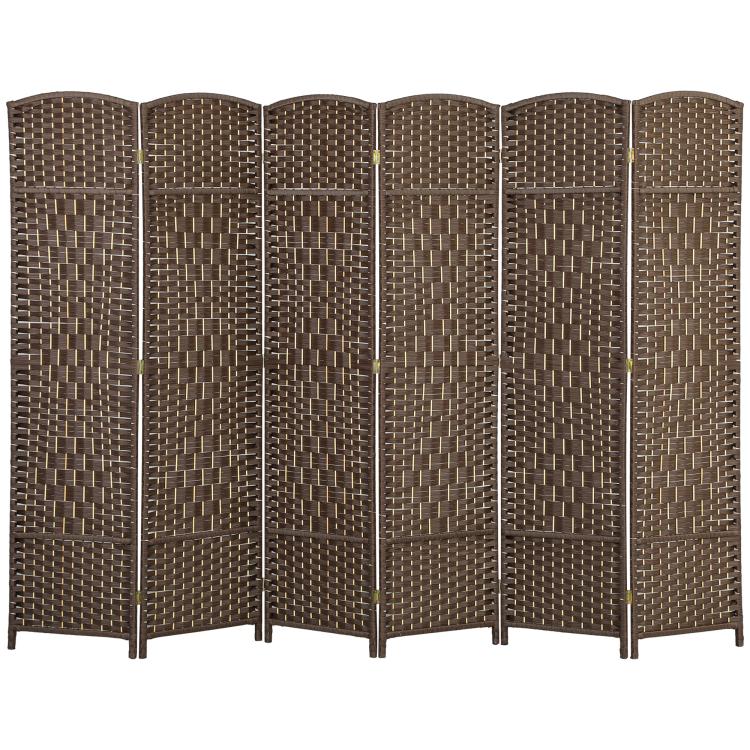 Brown 6-panel folding privacy screen divider with lattice woven design and hinged panels