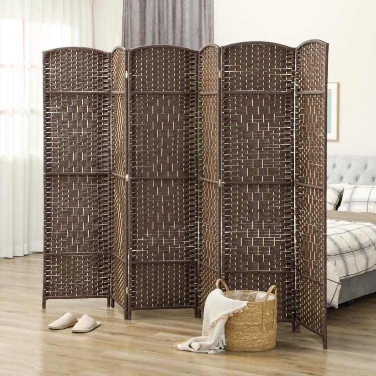 Brown 6-panel folding room divider screen with woven texture and arched tops