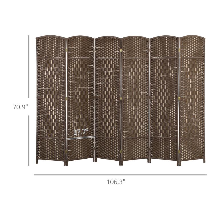 Brown 6-panel room divider screen showing height and width measurements