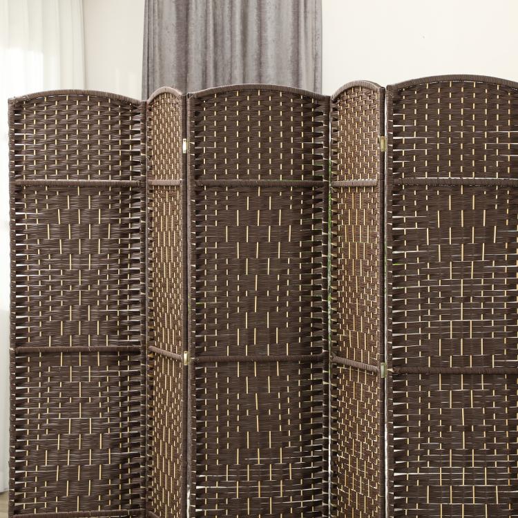Close-up of brown 6-panel folding privacy screen with hinged seams