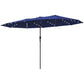 Navy double-sided patio umbrella with LED solar light strings, open side view