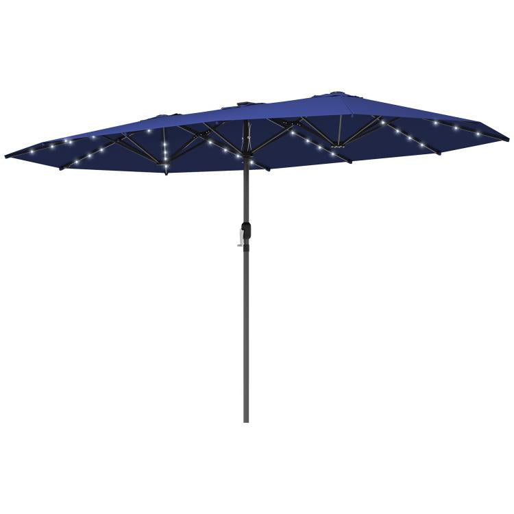 Navy double-sided patio umbrella with LED solar light strings, open side view