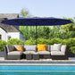 Navy double-sided patio parasol with central pole and LED lights along canopy ribs