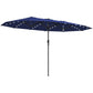 Navy patio parasol with LED string lights and straight pole, double-sided canopy