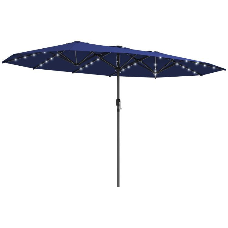 Navy patio parasol with LED string lights and straight pole, double-sided canopy