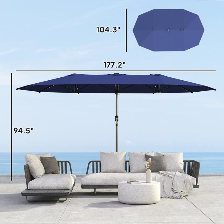 Navy double-sided patio umbrella with LED lights and large open canopy