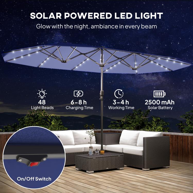 Navy solar LED patio umbrella with glowing light strings and central support pole